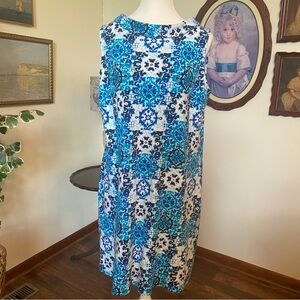 Talbots • Blue Audrey Neck Medallion Tile Sleeveless Shift Dress • Size L • EUC